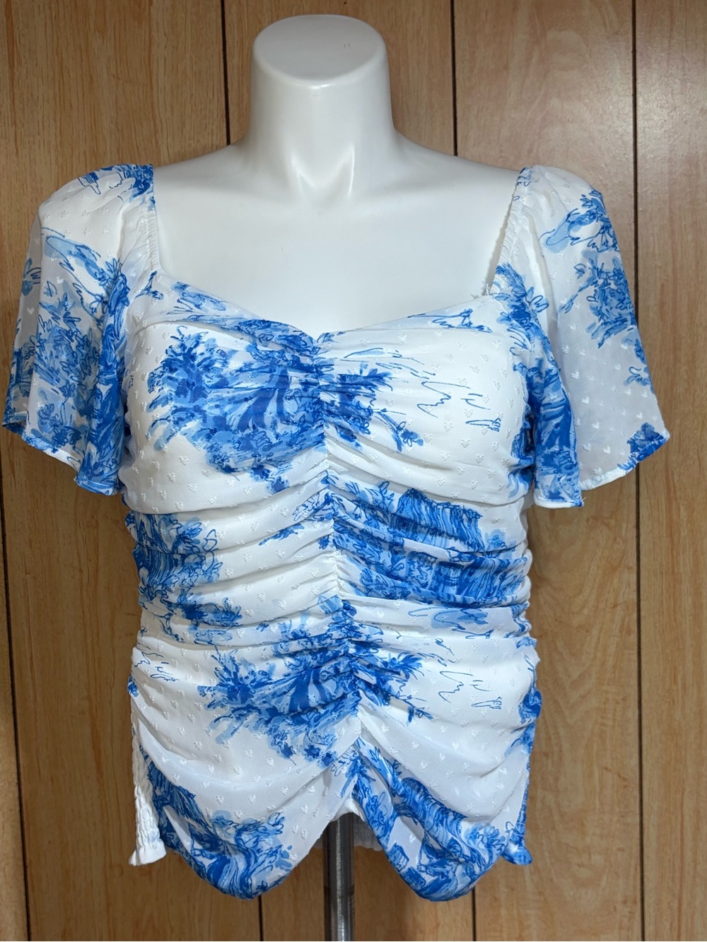 Salo Blue Floral Ruched Square-Neck Blouse SZ - L